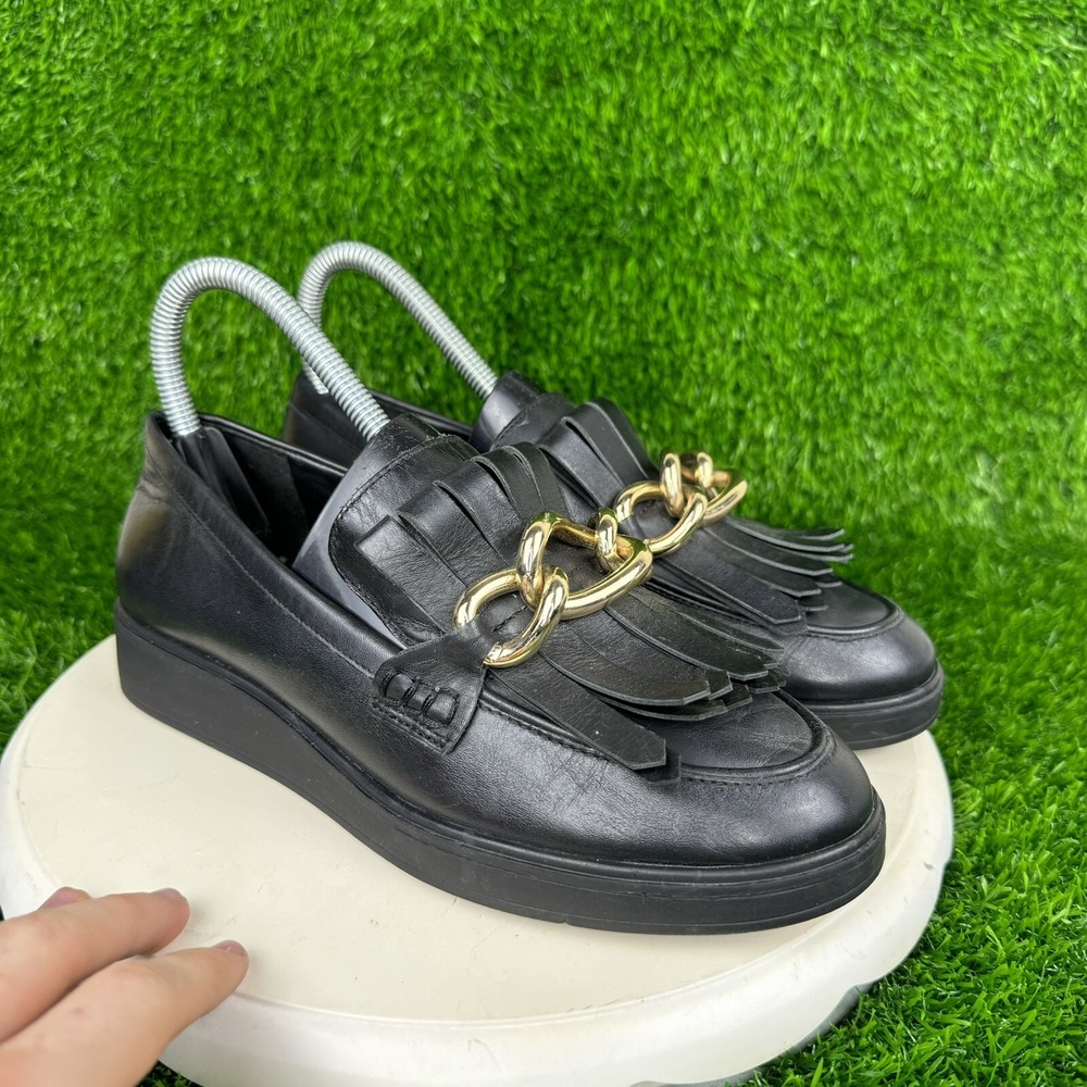 size 6 slip on shoes Antonio Melani black loafer chain fringe leather chunky